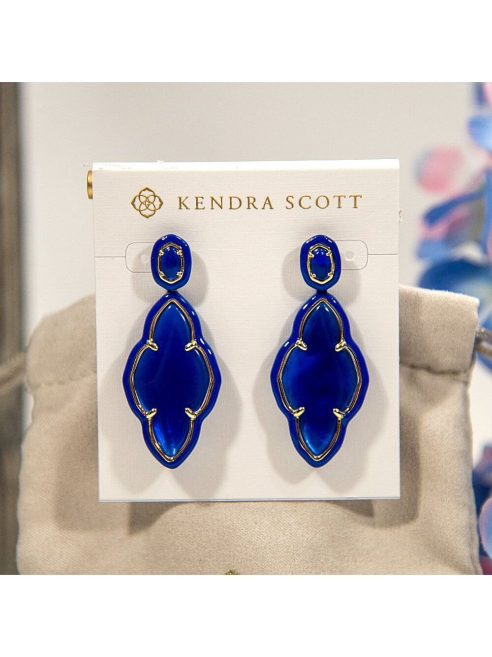 Kendra Scott Abbie Enamel Frame Cobalt Mother of Pearl Gold Drop Earrings NWT